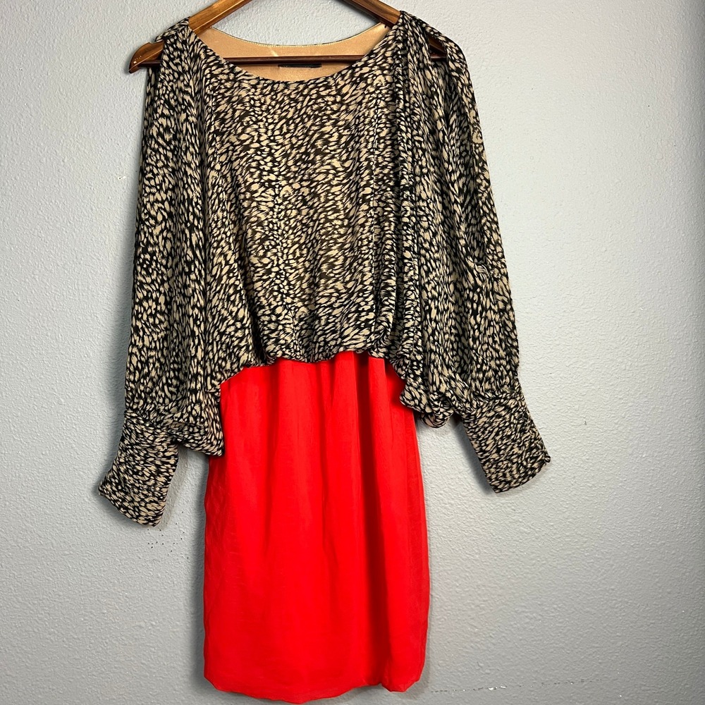THML Artist Reception Blouson Dress Animal Print Split SL Red Mini Dress‎ Size M
